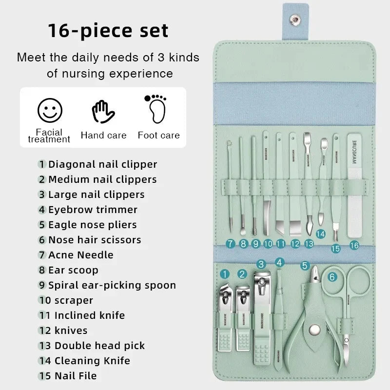Manicure Set Professional Nail Clipper Kit – 16 Pieces Stainless Steel Pedicure Kit Nail Care Tools Grooming Kit